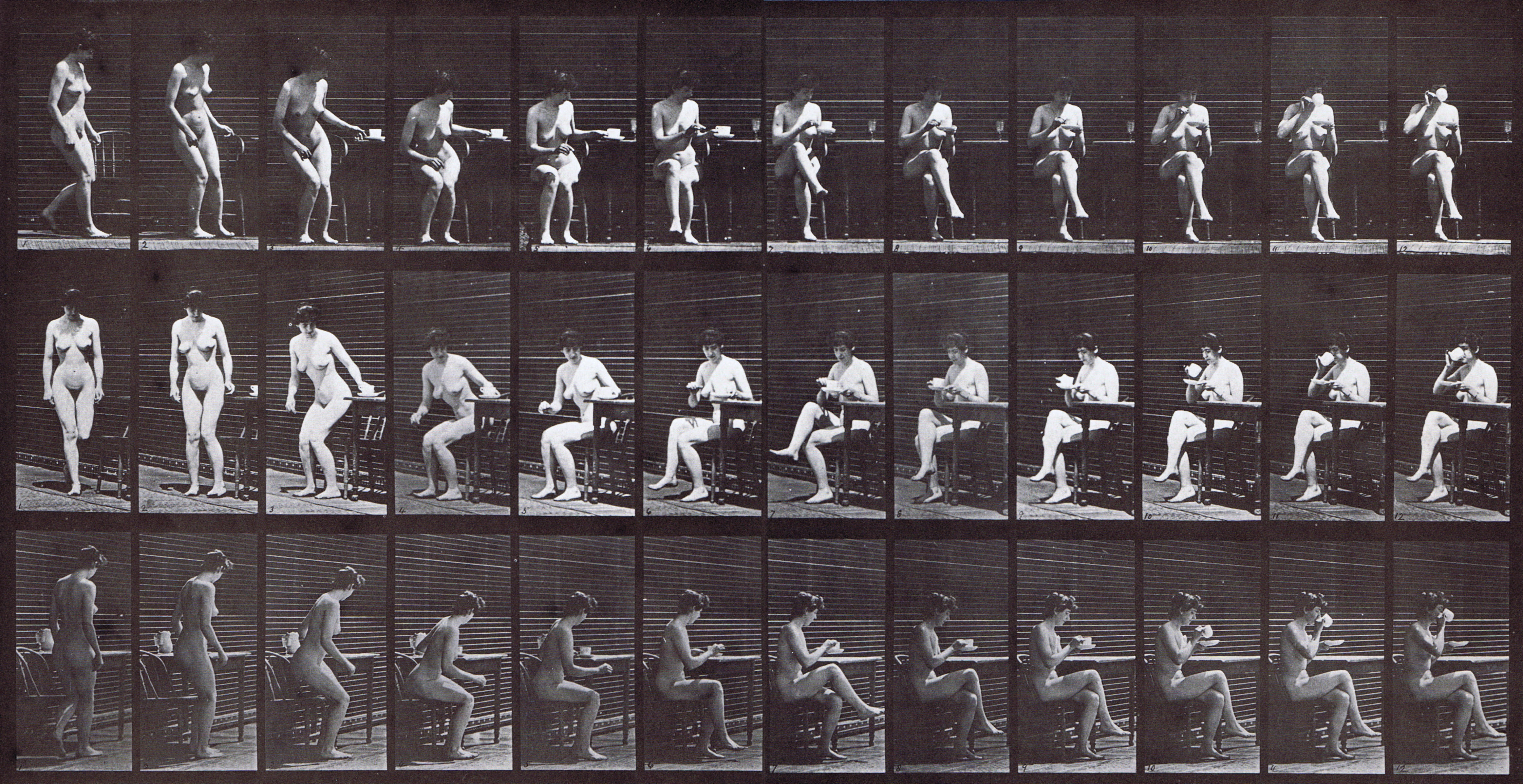 large profile, front three-quarter, and rear three-quarter views of nude female sitting in chair and crossing legs then drinking from teacup animation reference using muybridge plate 238 from animal locomotion