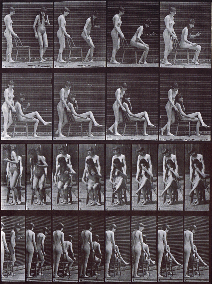 Profile and front views of two nude females, one standing the other sitting in chair and crossing legs animation refrence using muybridge plate 239 from animal locomotion