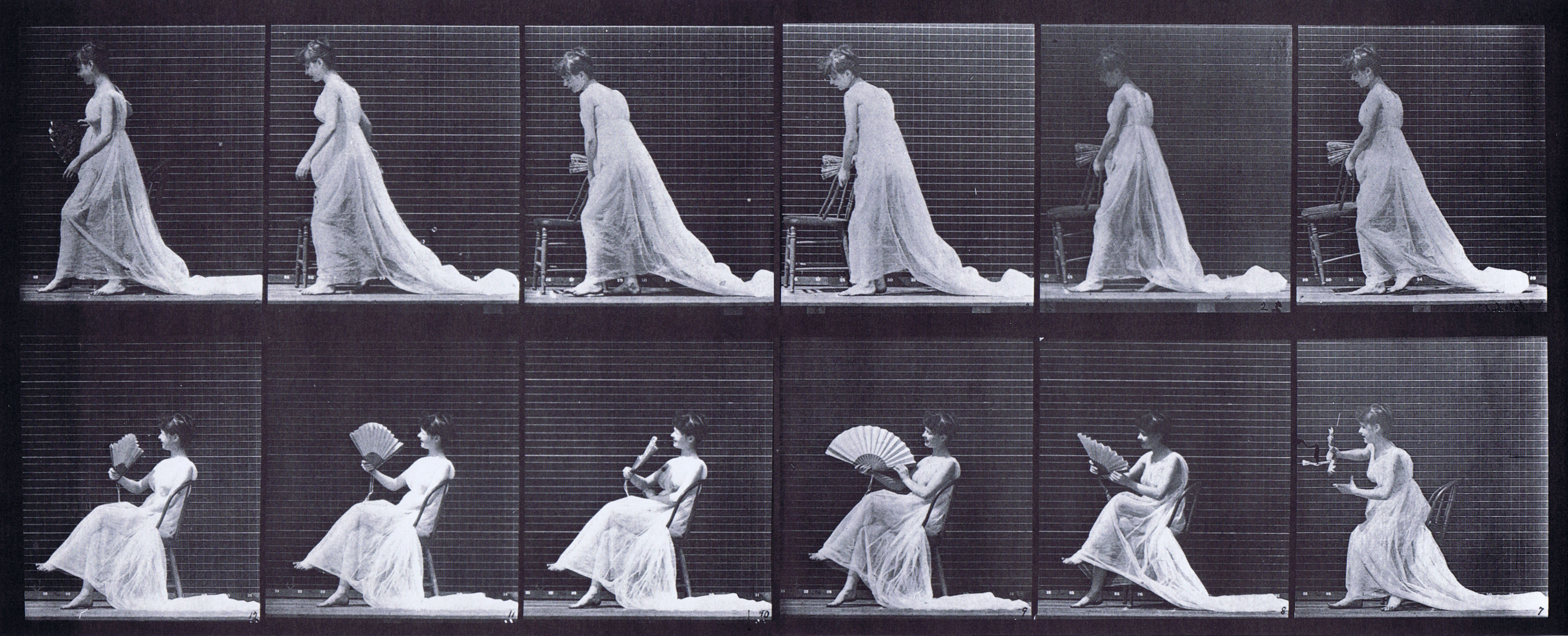 large profile view of semi nude female in dress placing a chair then sitting and flirting a fan animation reference using muybridge plate 242 from animal locomotion