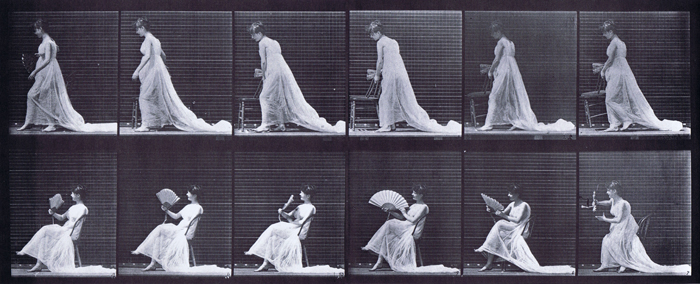 Profile view of semi nude female in dress placing a chair then sitting and flirting a fan animation reference using muybridge plate 242 from animal locomotion