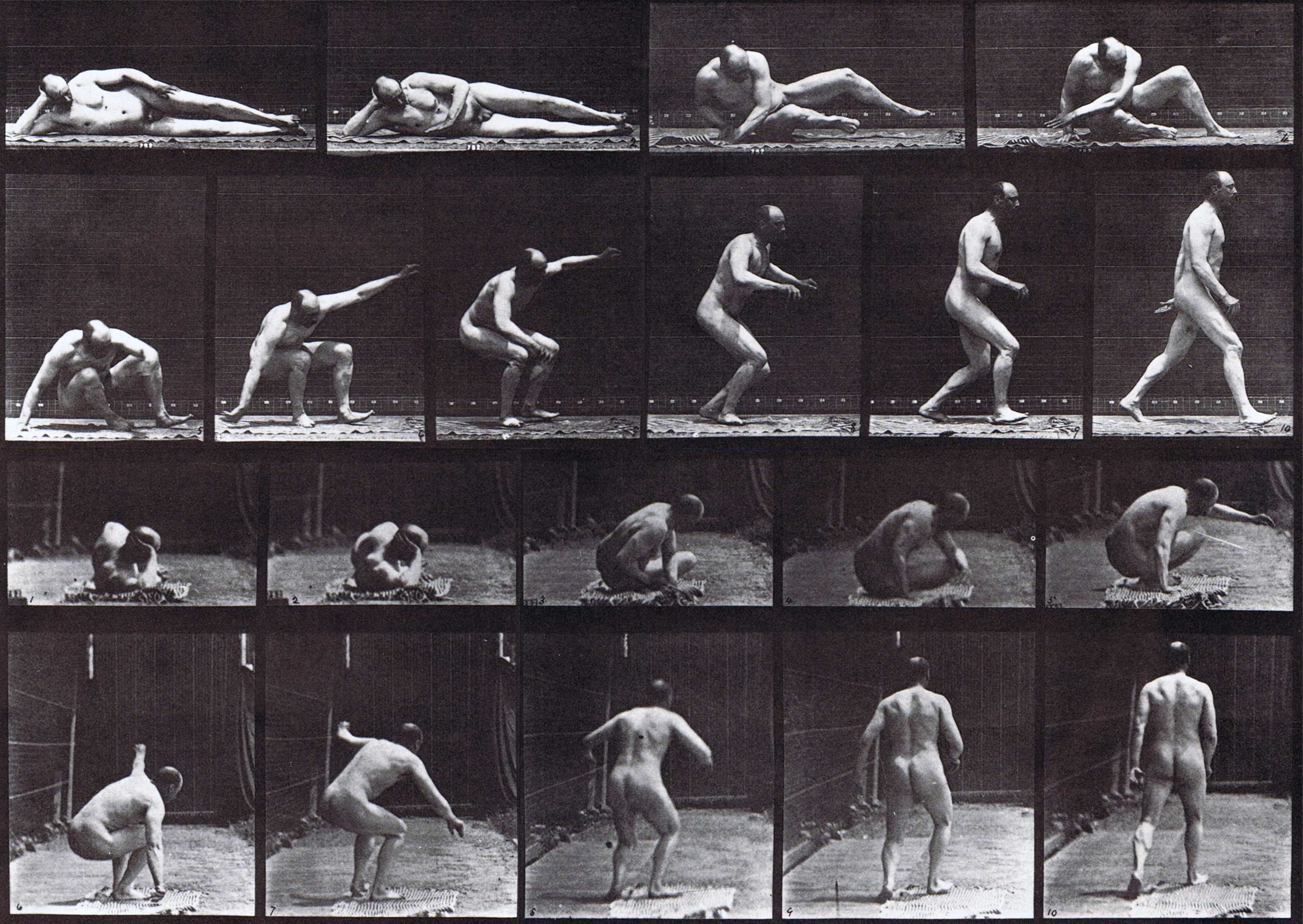 large profile and rear views of nude male rising from the ground and walking animation reference using muybridge plate 258 from animal locomotion