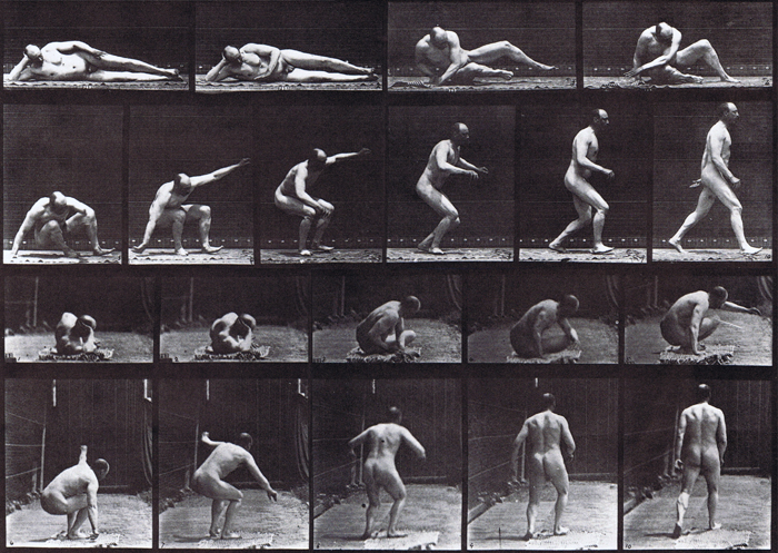 Profile and rear views of nude male rising from the ground and walking animation reference using muybridge plate 258 from animal locomotion