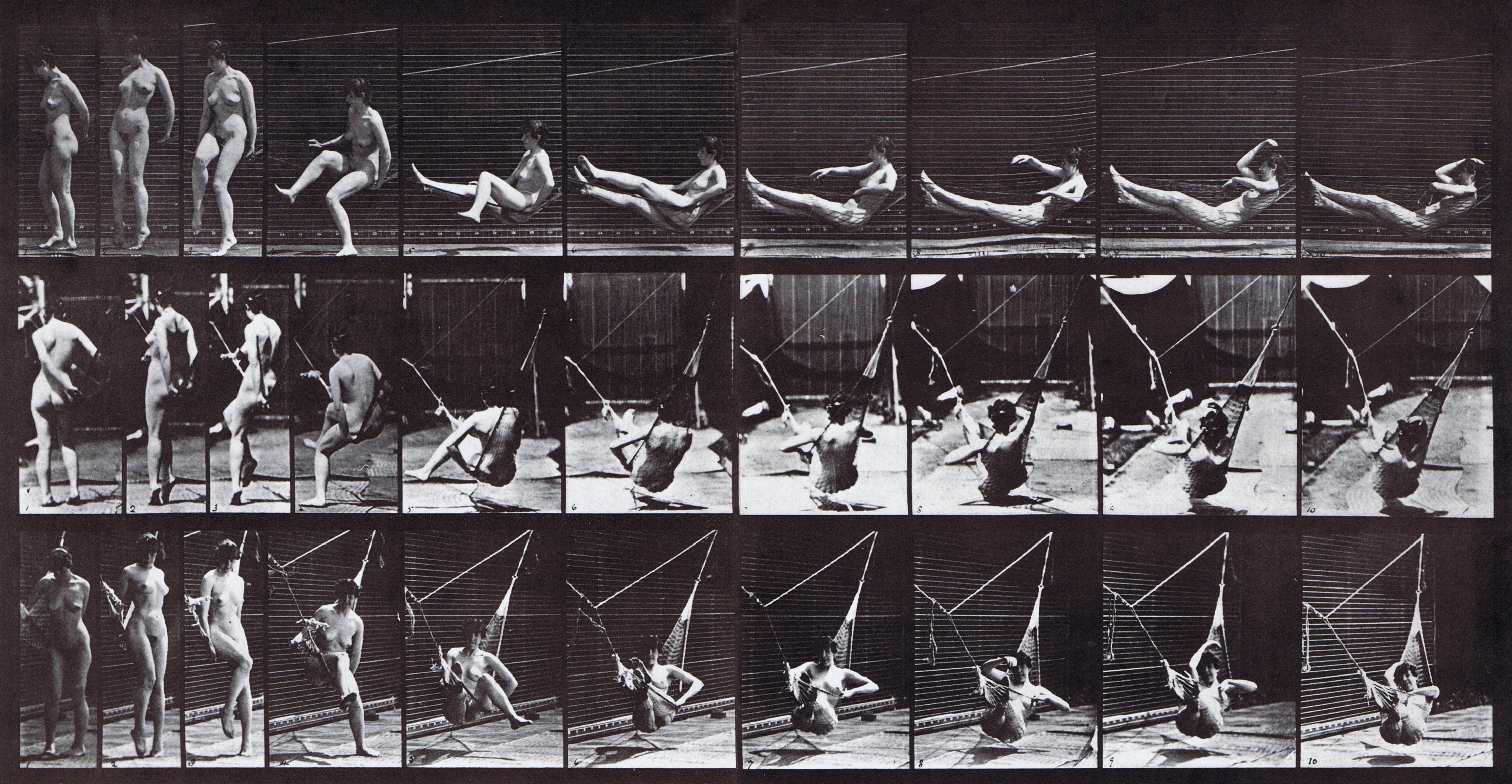 large profile, rear three-quarter, and front three-quarter views of nude female getting into a hammock animation reference using muybridge plate 261 from animal locomotion