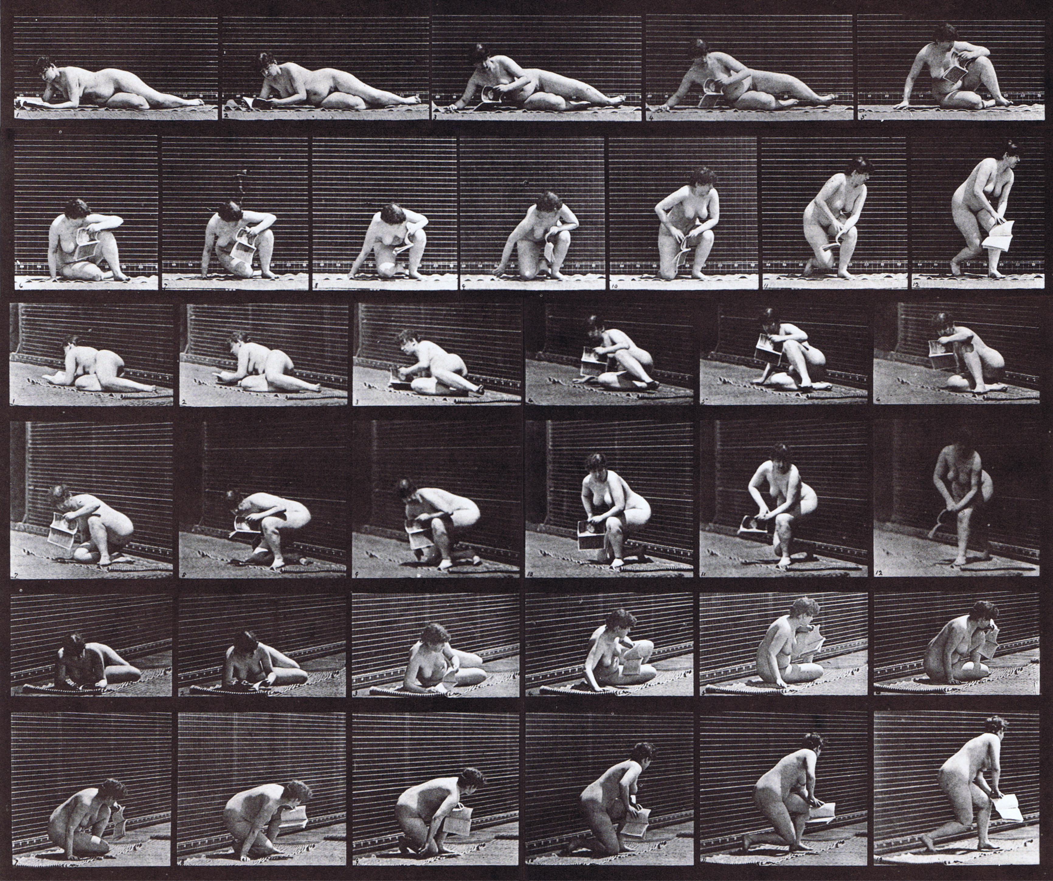 large profile, front three-quarter, and rear three-quarter views of nude female rising from the ground with a magizine in left hand animation reference using muybridge plate 270 from animal locomotion