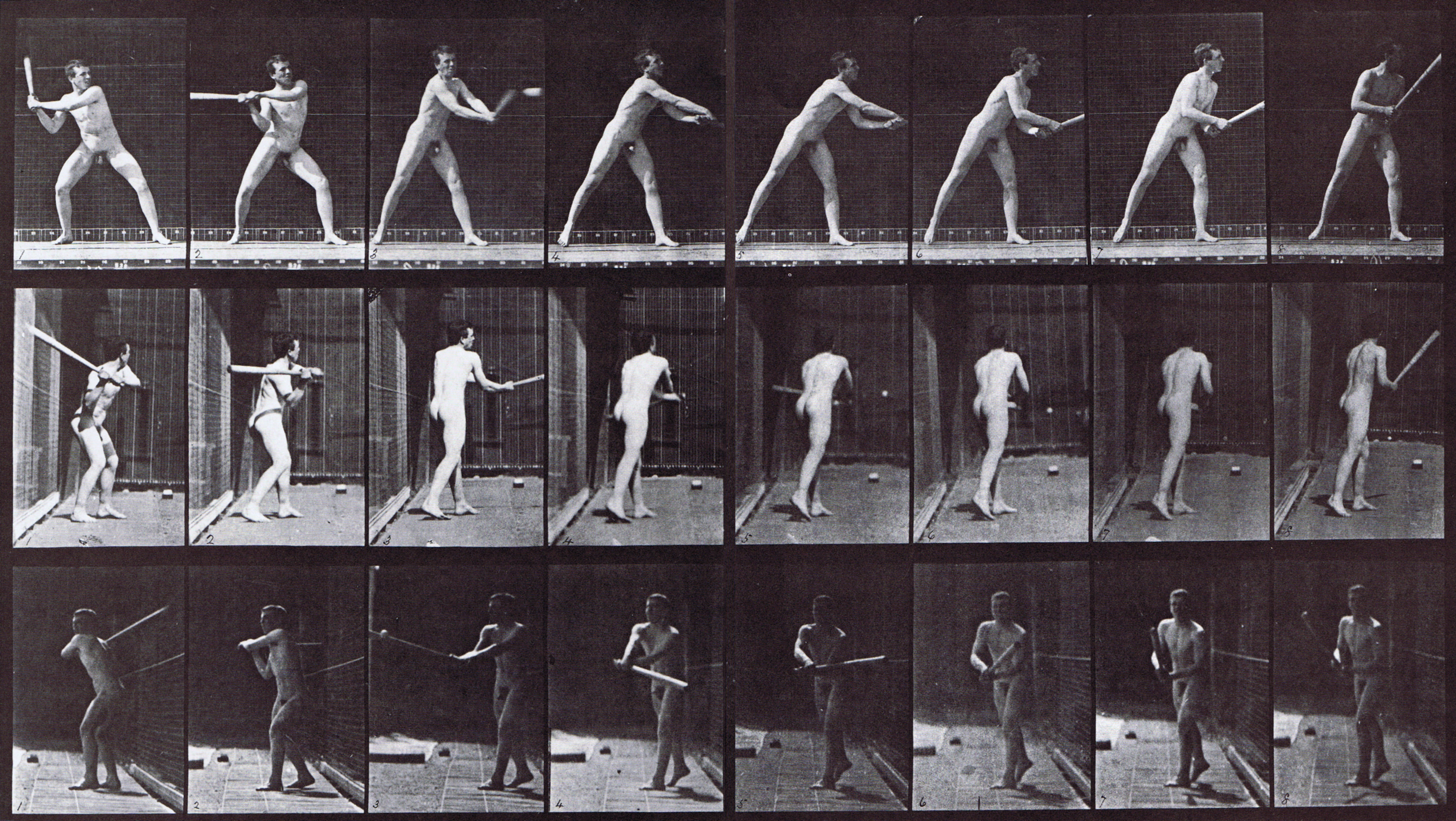 large profile, rear, and front views of nude male batting at a baseball animation reference using muybridge plate 277 from animal locomotion