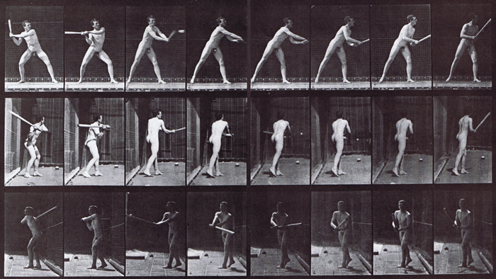 Profile, rear, and front views of nude male batting at a baseball animation reference using muybridge plate 277 from animal locomotion