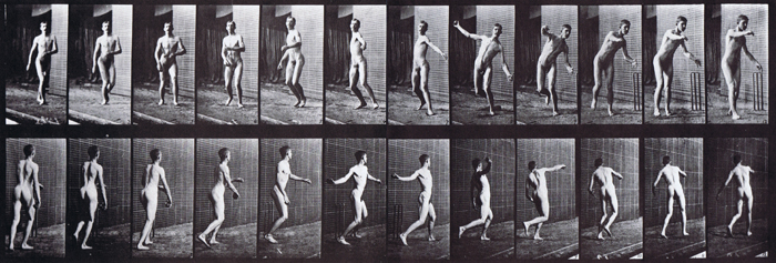 Front three-quarter and rear three-quarter views of nude male throwing a round arm cricket pitch animation reference using muybridge plate 289 from animal locomotion
