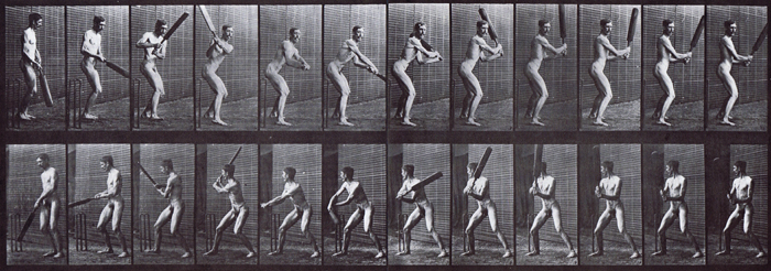 Front three-quarter and rear three-quarter views of nude male swinging a cricket bat, batting back cut animation reference using muybridge plate 293 from animal locomotion