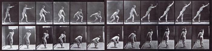 Profile and rear views of nude male throwing an iron disc animation reference using muybridge plate 307 from animal locomotion