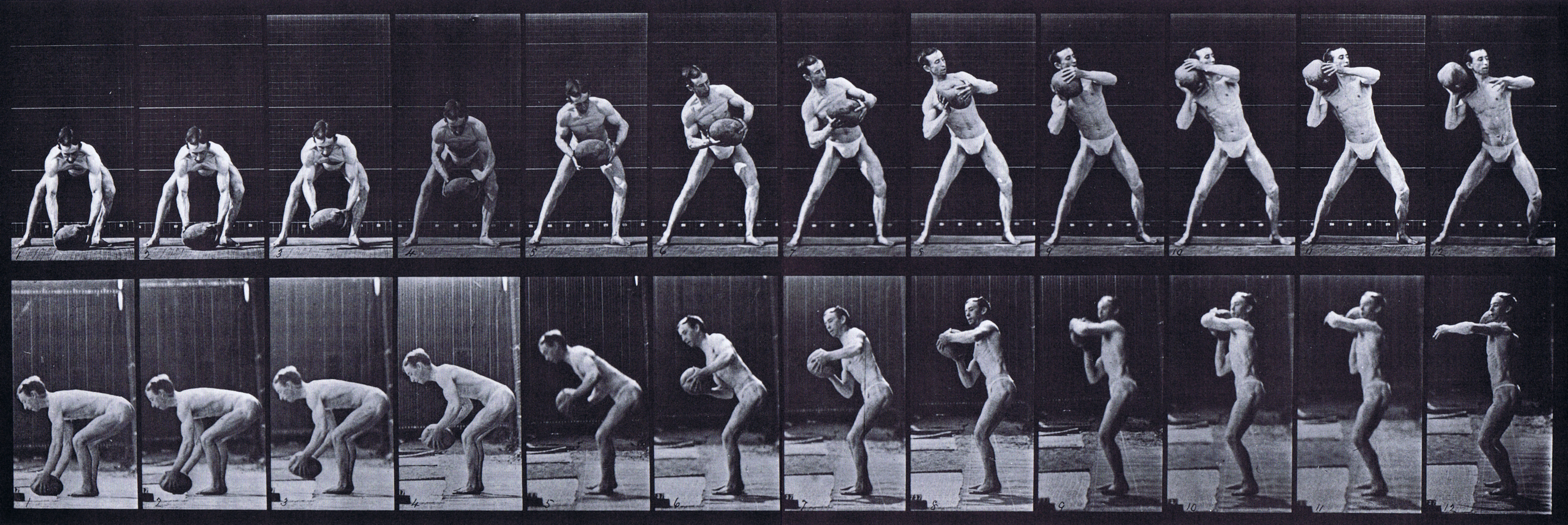large front and profile views of semi nude male wearing underwear lifting a 75 pound stone animation reference using muybridge plate 318 from animal locomotion