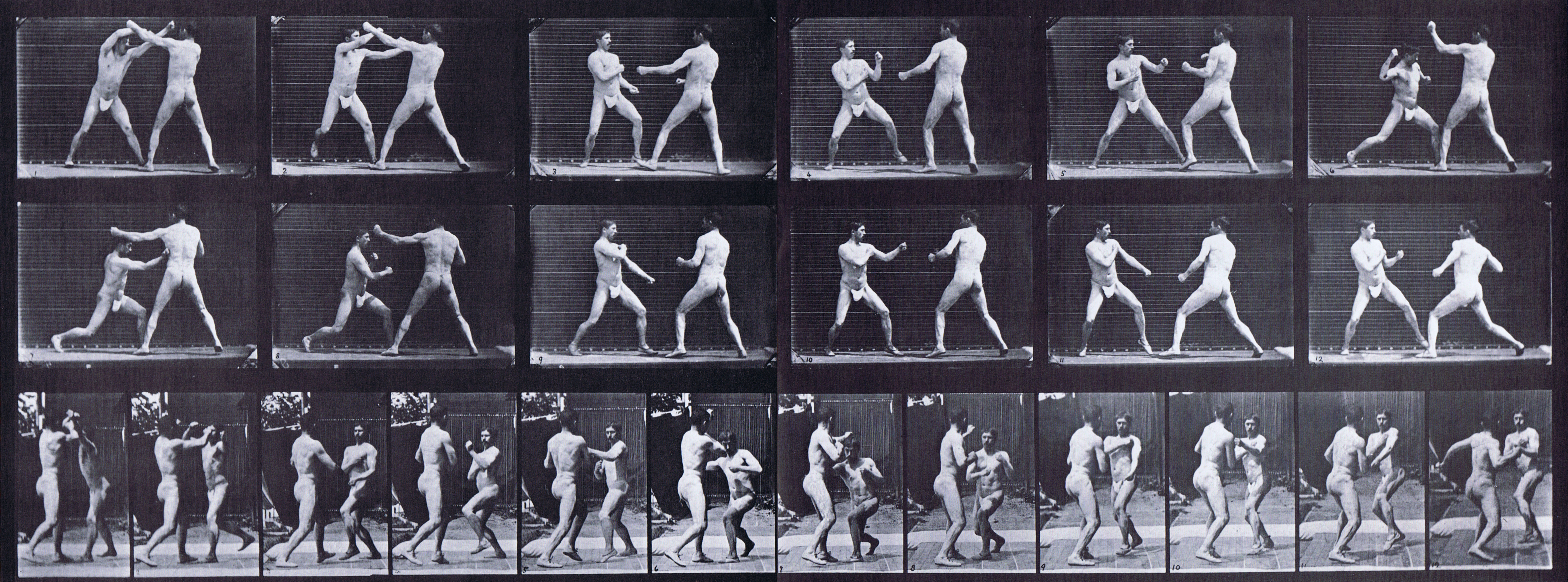 large profile and three-quarter views of semi nude male wearing underwear boxing animation reference using muybridge plate 329 from animal locomotion