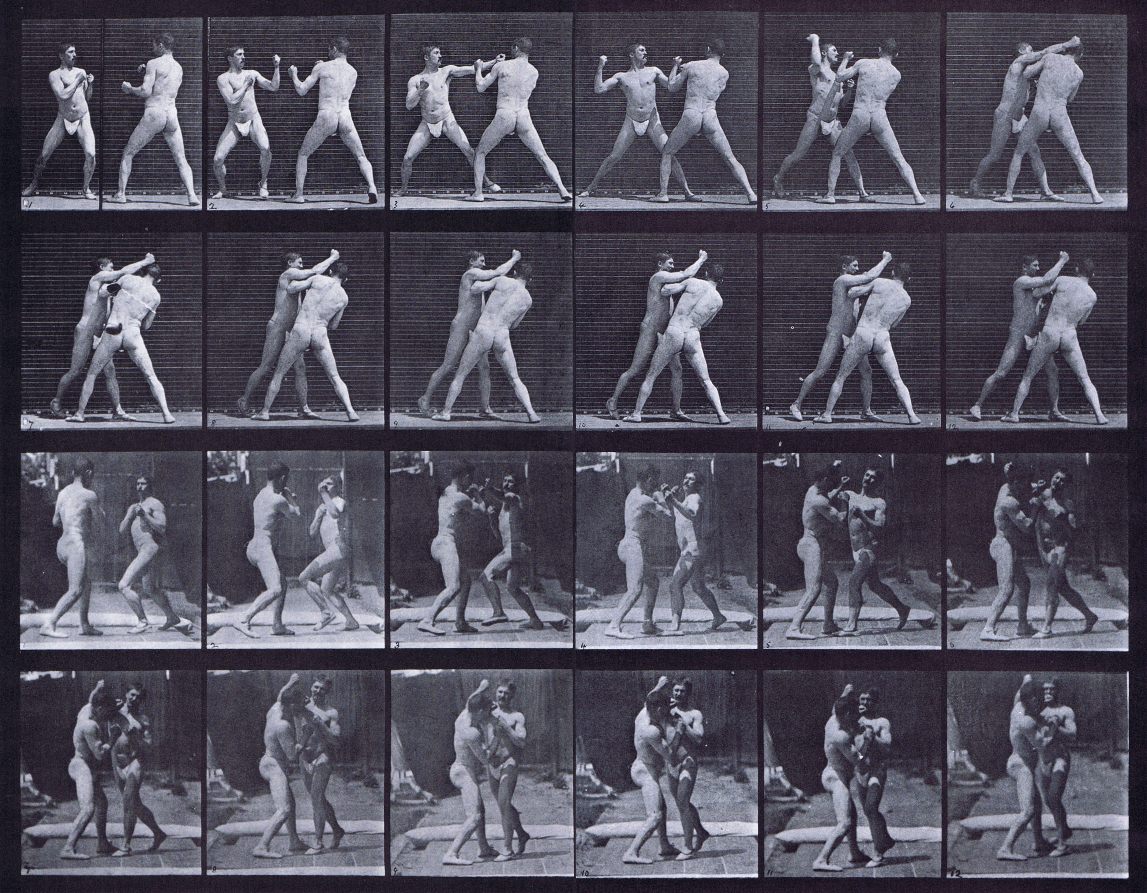 large profile and three-quarter view of two semi nude males wearing underwear boxing, the cross counter animation reference using muybridge plate 330 from animal locomotion