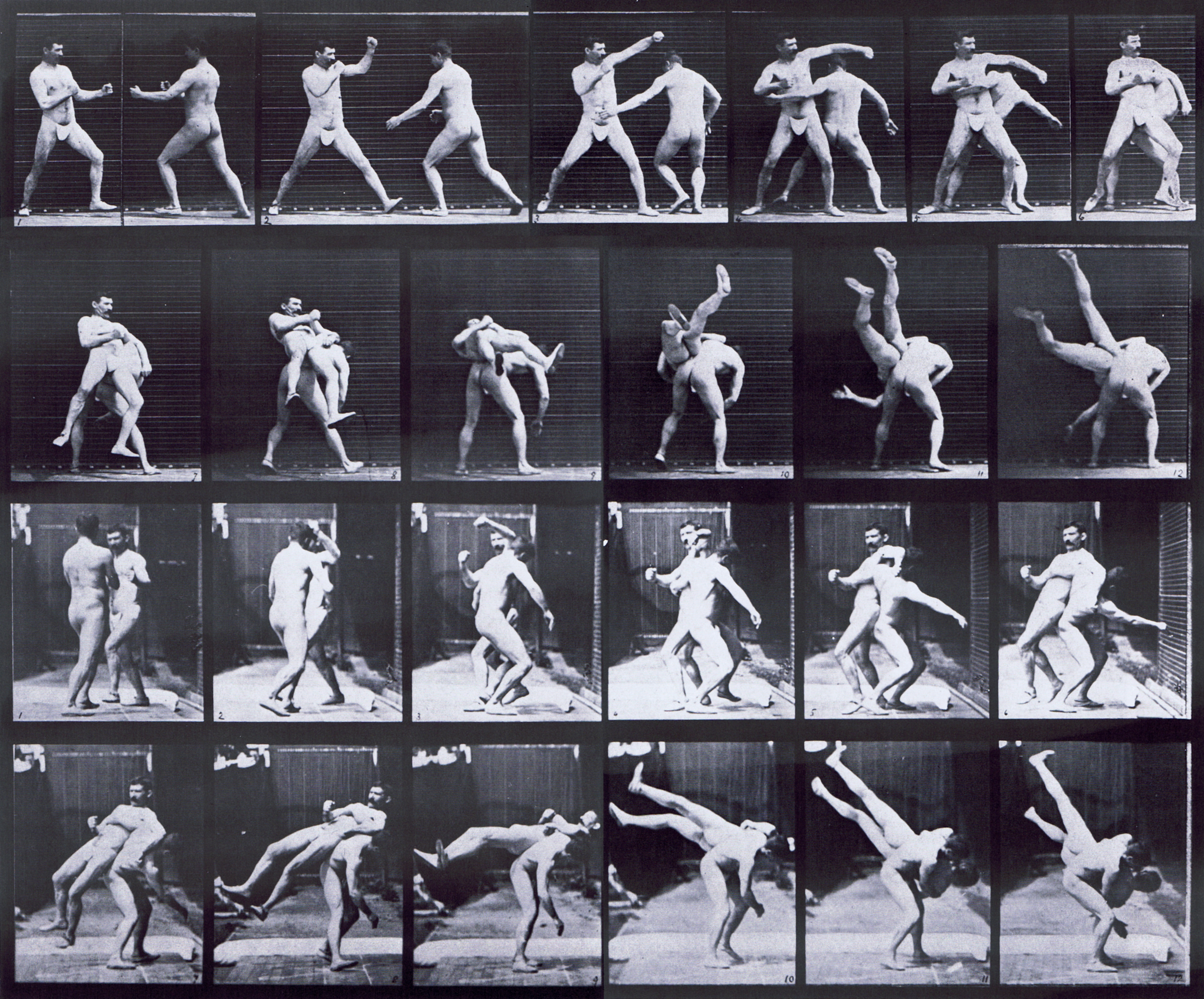 large profile and rear views of two semi nude males wearing underwear boxing, cross buttocks animation reference using muybridge plate 332 from animal locomotion