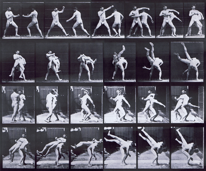 Profile and rear views of two semi nude males wearing underwear boxing, cross buttocks animation reference using muybridge plate 332 from animal locomotion