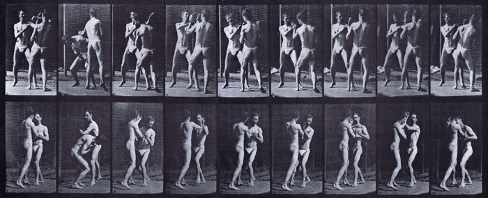 Front three-quarter and rear three-quarter views of two semi nude males wearing underwear boxing, open hand animation reference using muybridge plate 337 from animal locomotion