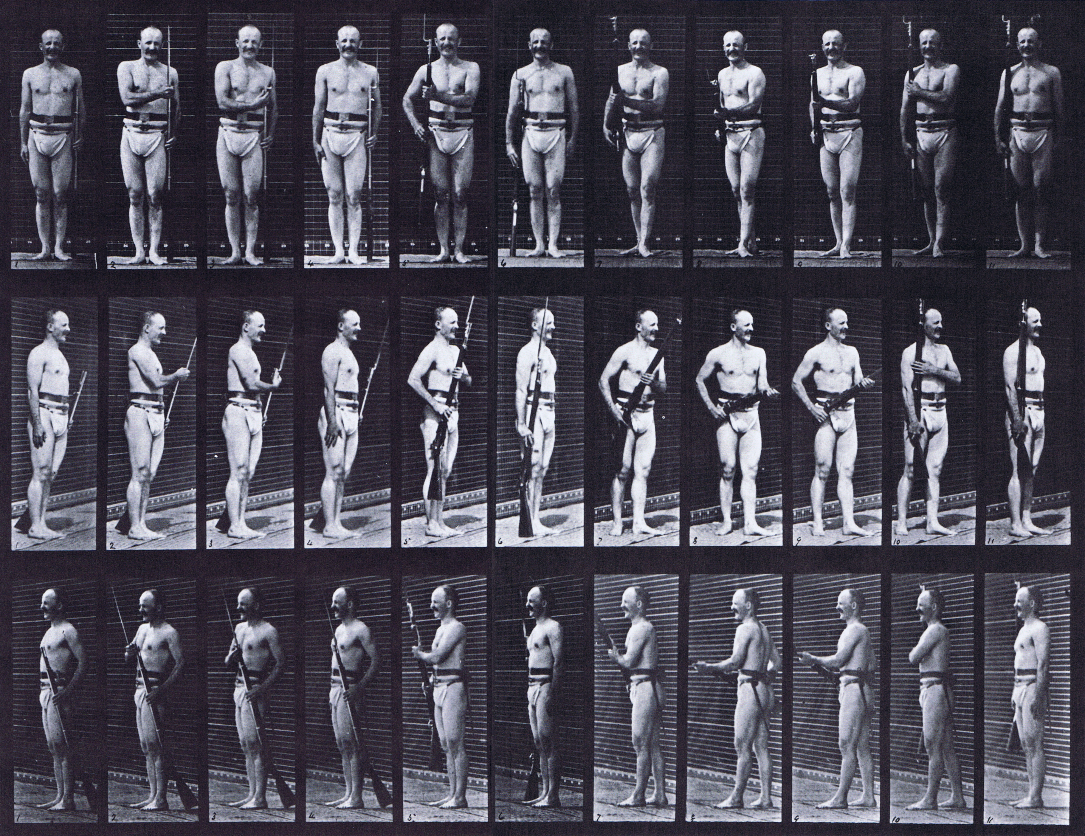 large front, front three-quarter, and rear three-quarter views of semi nude male wearing underwear with rifle, fixing and unfixing bayonet animation reference using muybridge plate 351 from animal locomotion