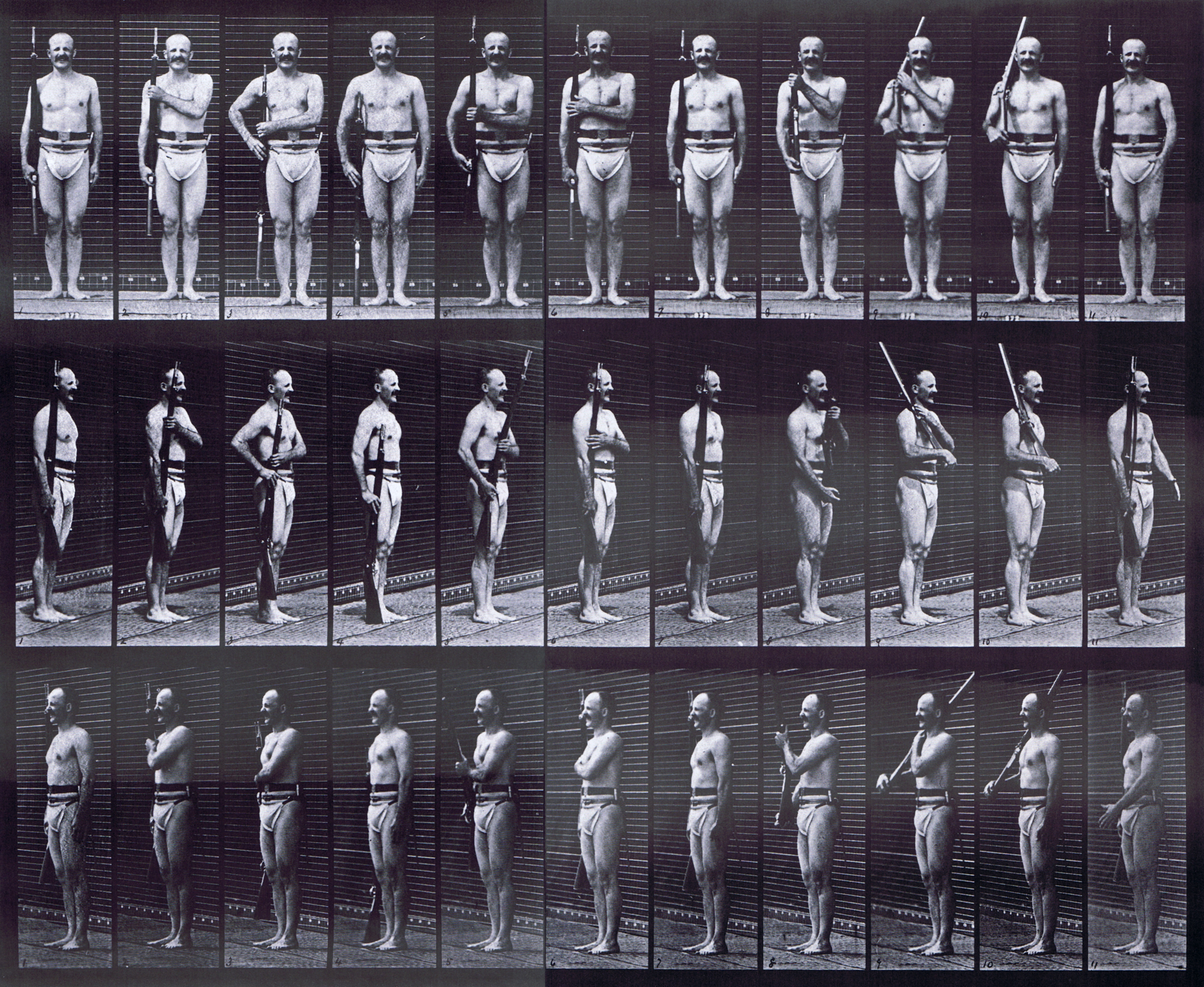 large front, front three-quarter, and rear three-quarter views of semi nude male wearing underwear with rifle on shoulder, order carry arms animation reference using muybridge plate 352 from animal locomotion