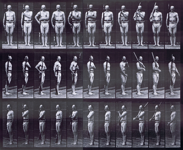 Front, front three-quarter, and rear three-quarter views of semi nude male wearing underwear with rifle on shoulder, order carry arms animation reference using muybridge plate 352 from animal locomotion