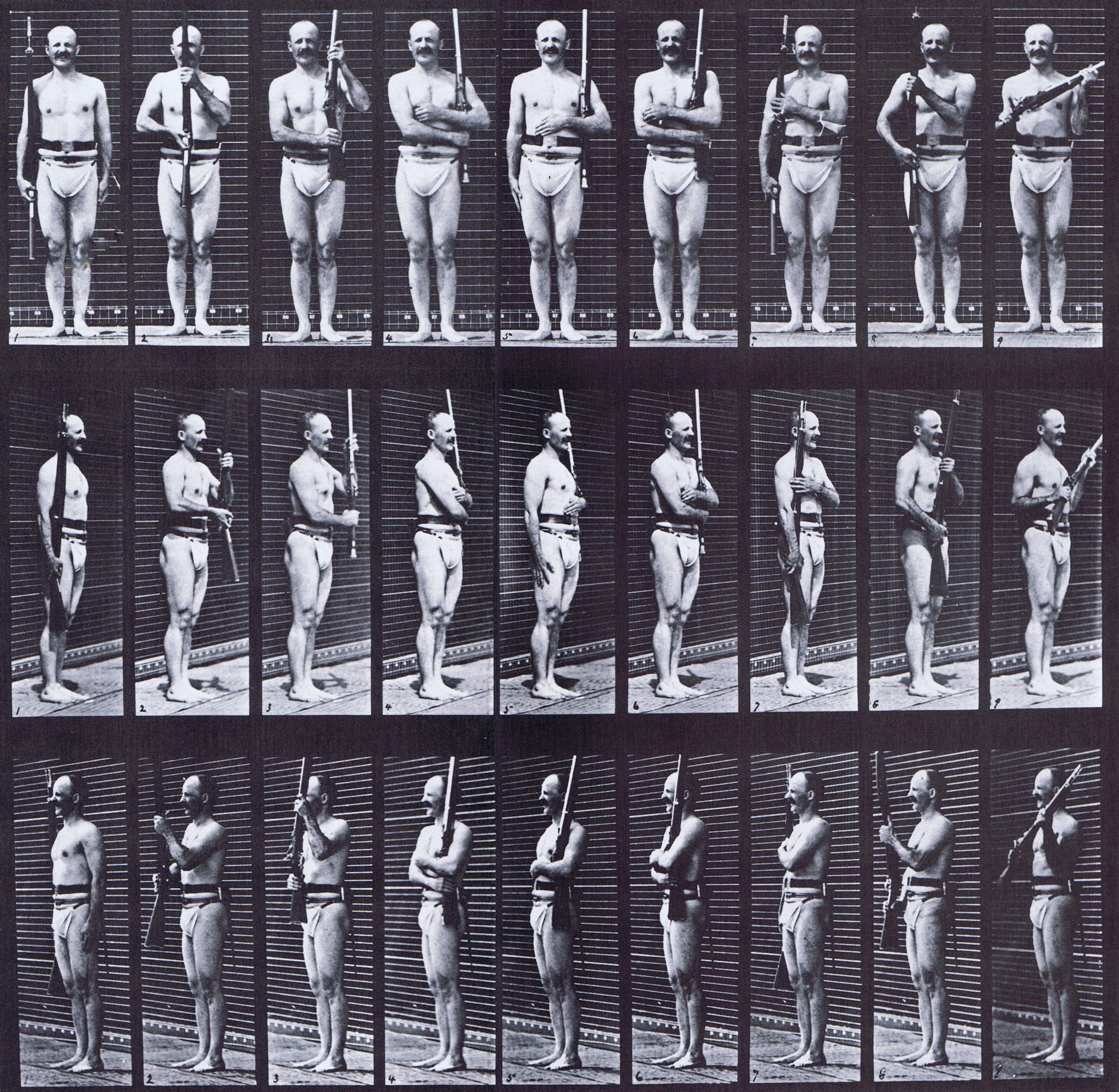 large front, front three-quarter, and rear three-quarter views of semi nude male wearing underwear with rifle, support arms and arms port animation reference using muybridge plate 353 from animal locomotion
