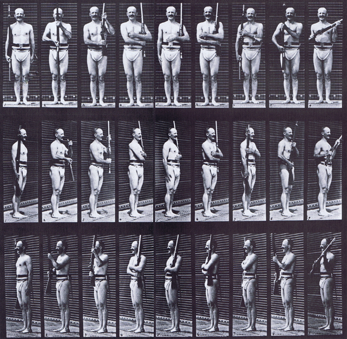 Front, front three-quarter, and rear three-quarter views of semi nude male wearing underwear with rifle, support arms and arms port animation reference using muybridge plate 353 from animal locomotion