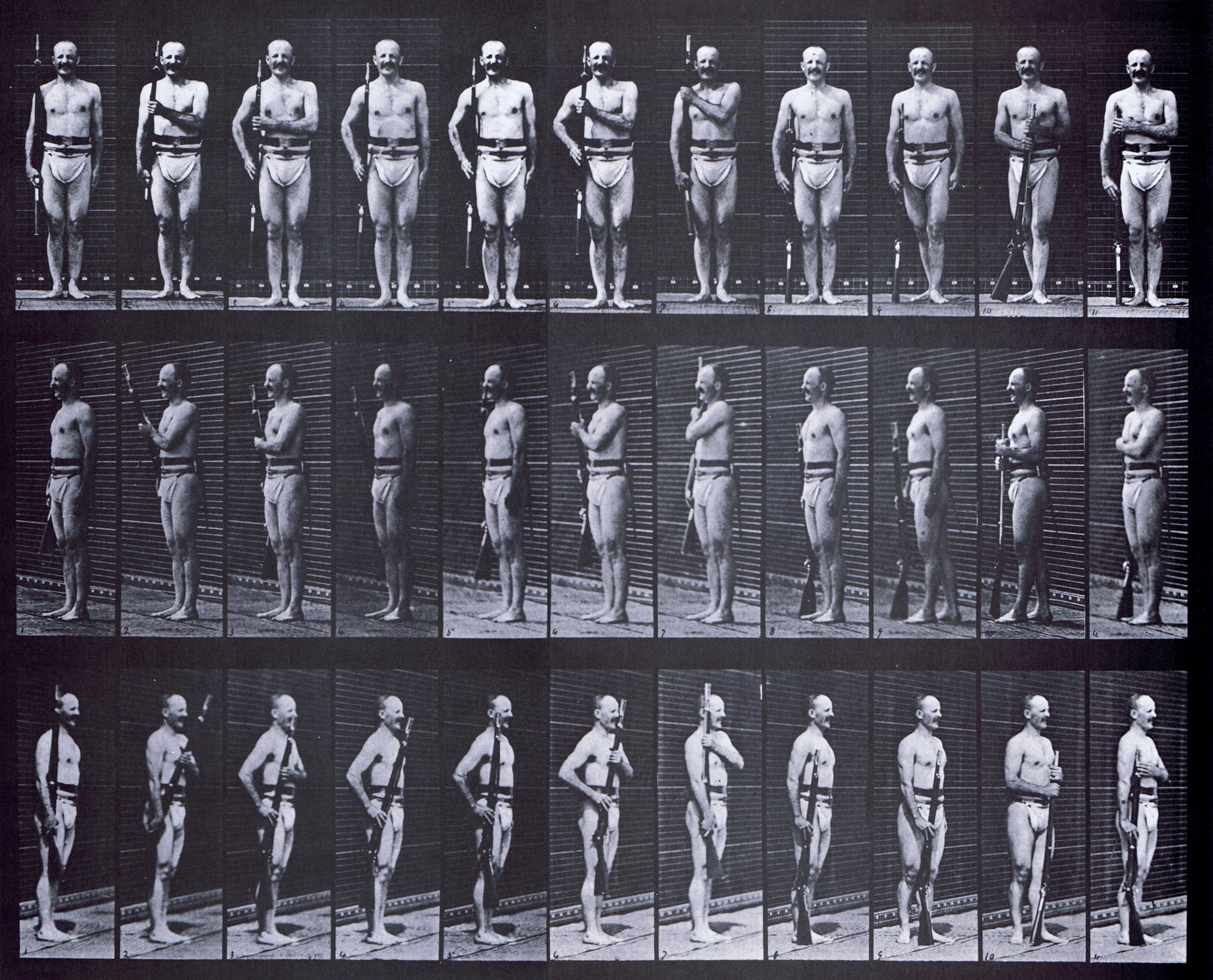 large front, front three-quarter, and rear three-quarter views of semi nude male wearing underwear with rifle, carrry arms, parade rest, trail arms animation reference using muybridge plate 354 from animal locomotion