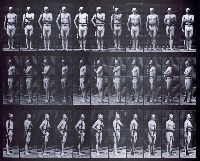 Front, front three-quarter, and rear three-quarter views of semi nude male wearing underwear with rifle, carrry arms, parade rest, trail arms animation reference using muybridge plate 354 from animal locomotion