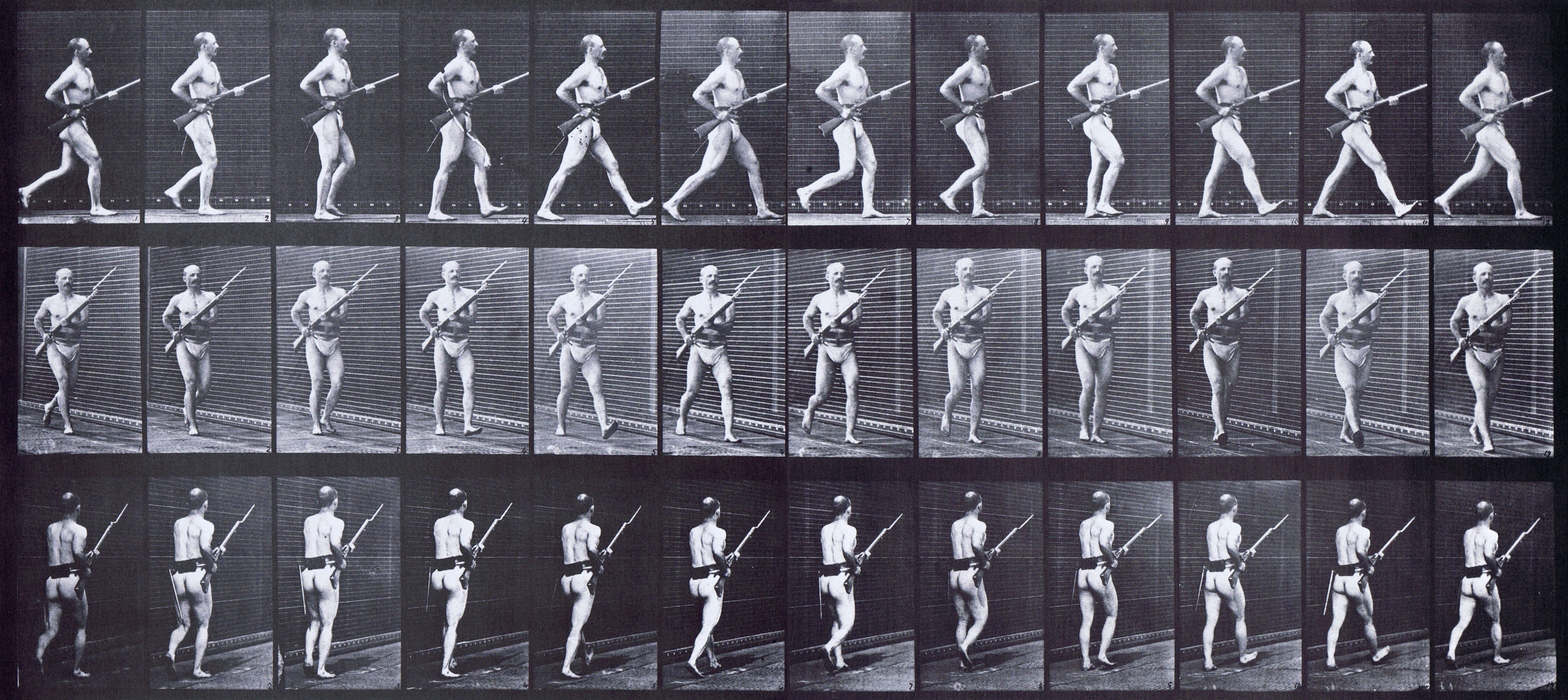 large profile, front three-quarter, rear three-quarter views of looping semi nude male with rifle charging with bayonet animation reference using muybridge plate 359 from animal locomotion
