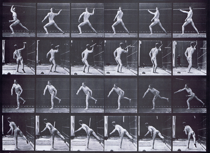 Profile and rear views of semi nude male wearing underwear throwing a spear animation reference using muybridge plate 360 from animal locomotion