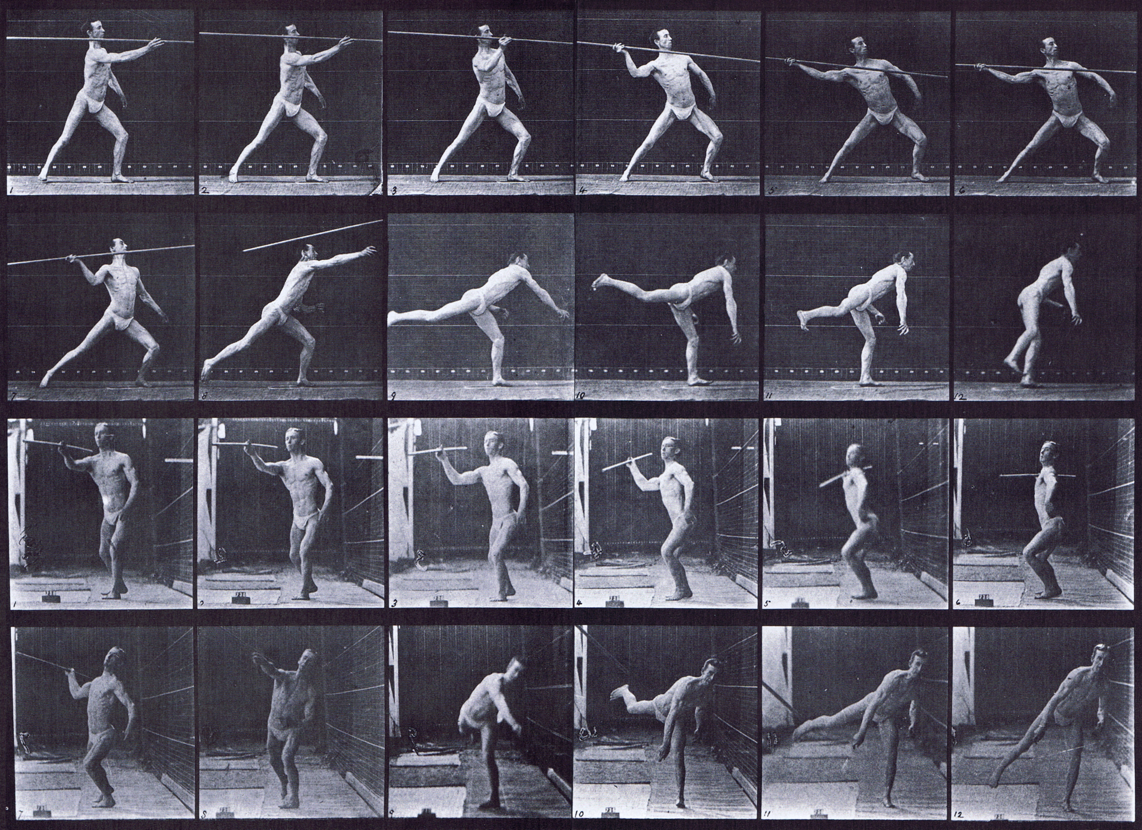 large profile and front views of semi nude male in underwear throwing a spear animation reference using muybridge plate 361 from animal locomotion