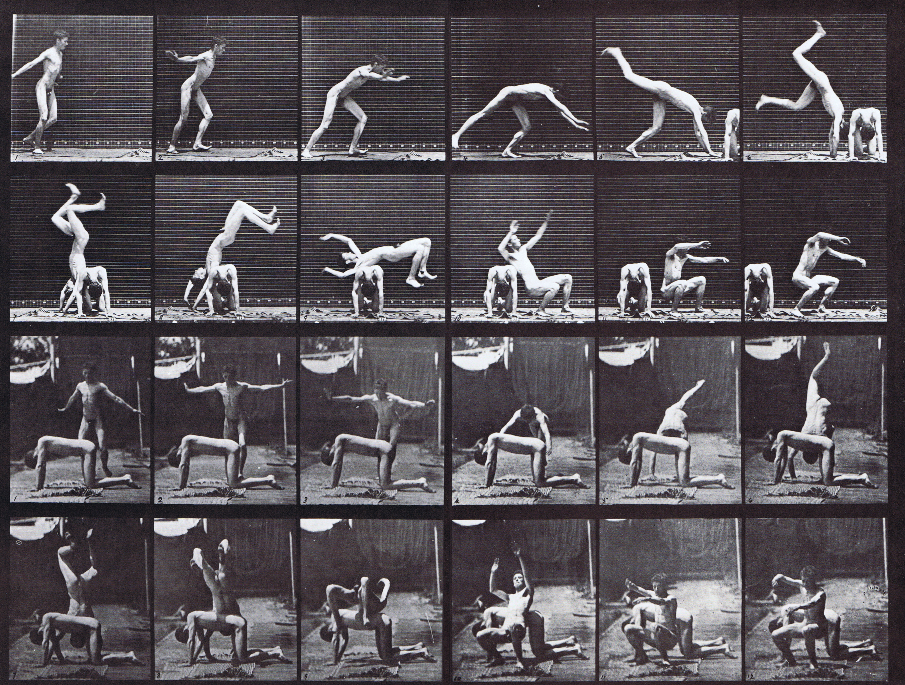 large profile and front views of a nude male running and doing a hand spring over the back of another nude male animation reference using muybridge plate 364 from animal locomotion