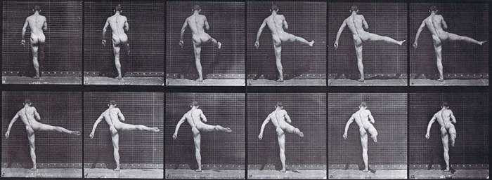 Rear view of nude male preforming first ballet action with right leg, lifting right leg animation reference using muybridge plate 369 from animal locomotion