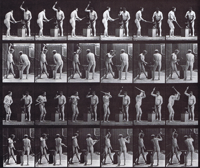 Profile and rear views of two nude males, blacksmith, Hammering at an anvil animation reference using muybridge plate 377 from animal locomotion