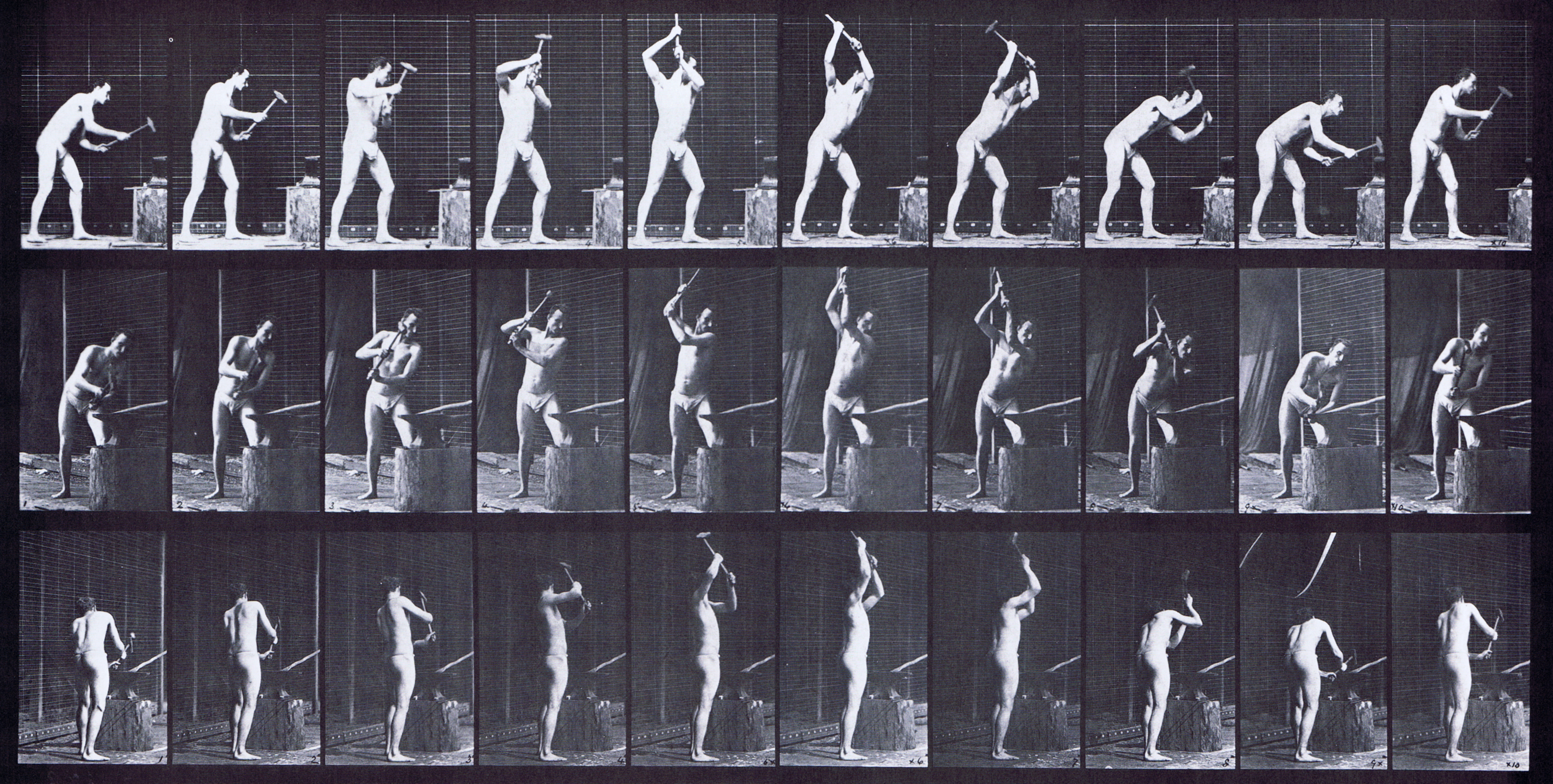 large profile, front three-quarter, and rear three-quarter views of semi nude male blacksmith, looping hammering on an anvil with two hands animation reference using muybridge plate 378 from animal locomotion