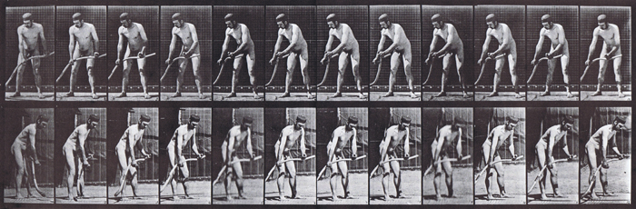 Front and profile views of nude male farmer mowing grass animation reference using muybridge plate 391 from animal locomotion