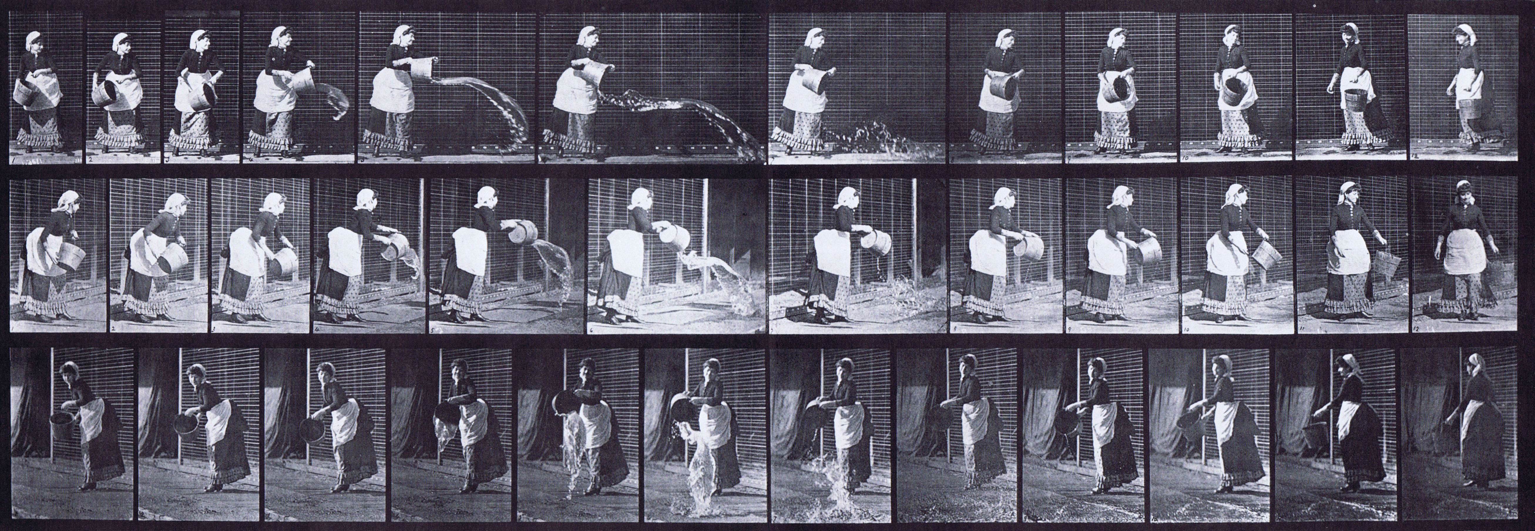 large profile, rear three-quarter, and front three-quarter of clothed female emptying a bucket of water animation reference using muybridge plate 404 from animal locomotion