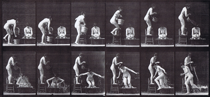 Profile view of two nude females, one stepping up on chair and emptying a bucket on another woman animation reference using muybridge plate 406 from animal locomotion