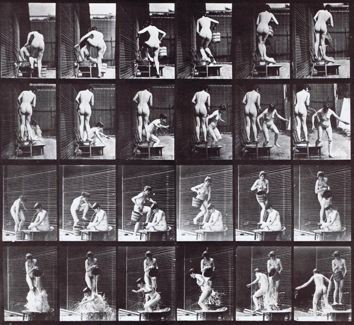 Rear and front three-quarter views of two nude females, one stepping up on chair and emptying a bucket on another woman animation reference using muybridge plate 407 from animal locomotion