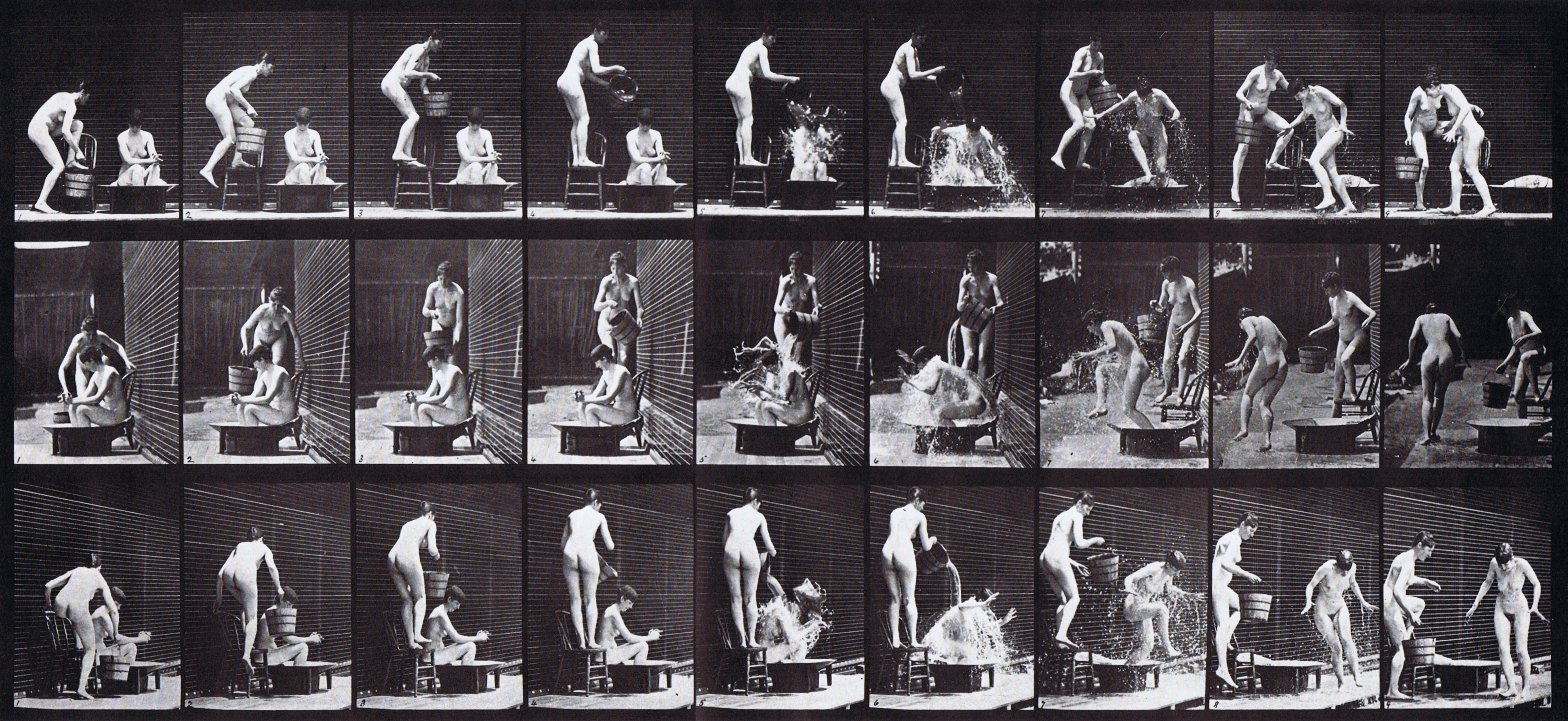 large profile, front, and rear three-quarter views of two nude females, one stepping up on chair and emptying a bucket on another woman animation reference using muybridge plate 408 from animal locomotion large profile, front, and rear three-quarter views of two nude females, one stepping up on chair and emptying a bucket on another woman animation reference using muybridge plate 408 from animal locomotion
