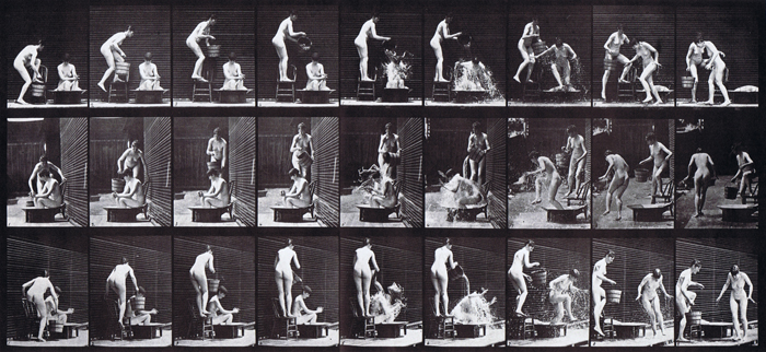 Profile, front, and rear three-quarter views of two nude females, one stepping up on chair and emptying a bucket on another woman animation reference using muybridge plate 408 from animal locomotion