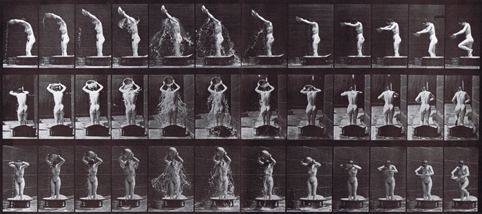 Profile, rear, and front three-quarter views of nude female emptying a water basin over her head animation reference using muybridge plate 409 from animal locomotion