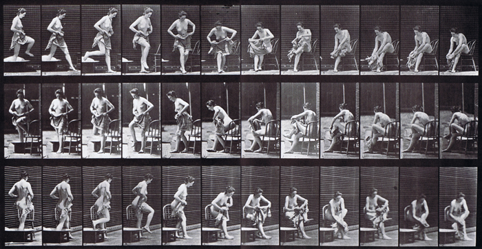 Profile, front, and rear three-quarter views of nude female getting out of a bathtub then wiping feet animation reference using muybridge plate 410 from animal locomotion