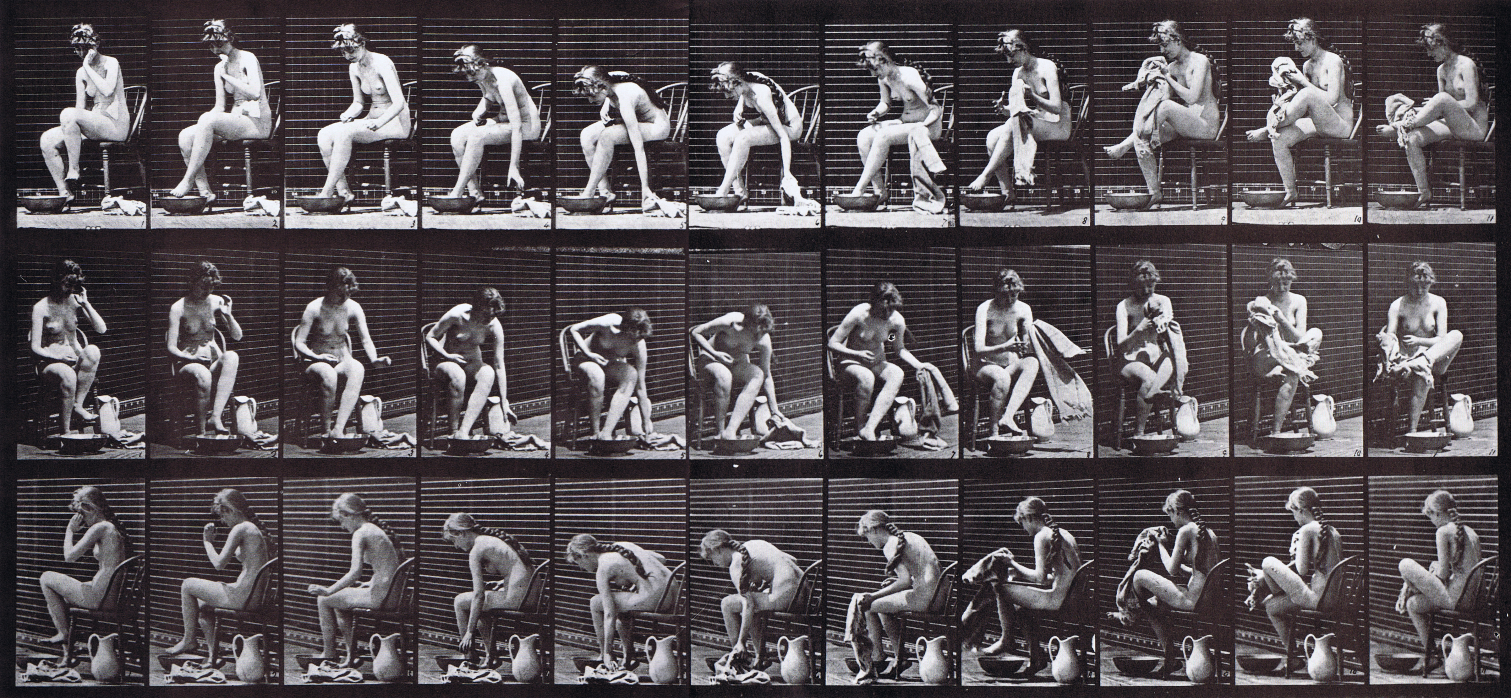 large profile, front three-quarter, and rear three-quarter views of nude female lifting a towl while sitting then wiping feet animation reference using muybridge plate 411 from animal locomotion large profile, front three-quarter, and rear three-quarter views of nude female lifting a towl while sitting then wiping feet animation reference using muybridge plate 411 from animal locomotion