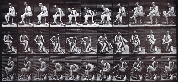 Profile, front three-quarter, and rear three-quarter views of nude female lifting a towl while sitting then wiping feet animation reference using muybridge plate 411 from animal locomotion