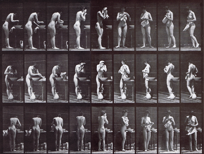 Profile, front three-quarter, and rear three-quarter views of nude female wiping face then turning animation reference using muybridge plate 412 from animal locomotion