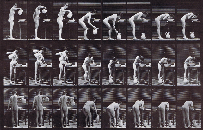 Profile, front three-quarter, and rear three-quarter views of nude female pouring water into a basin then washing face animation reference using muybridge plate 413 from animal locomotion