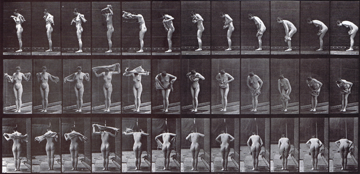 Profile, front three-quarter, and rear views of nude female wiping body with a towl, drying off animation reference using muybridge plate 414 from animal locomotion