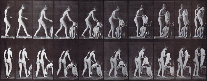 Profile and rear three-quarter views of nude female walking and putting on nightgown animation reference using muybridge plate 415 from animal locomotion