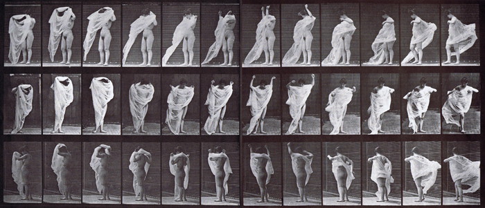 Profile, front, and rear three-quarter views of nude female putting lifting and sliding dress over head animation reference using muybridge plate 416 from animal locomotion