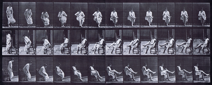 Front, profile, and rear three-quarter views of semi nude female in a dress sitting and putting on stockings animation reference using muybridge plate 417 from animal locomotion