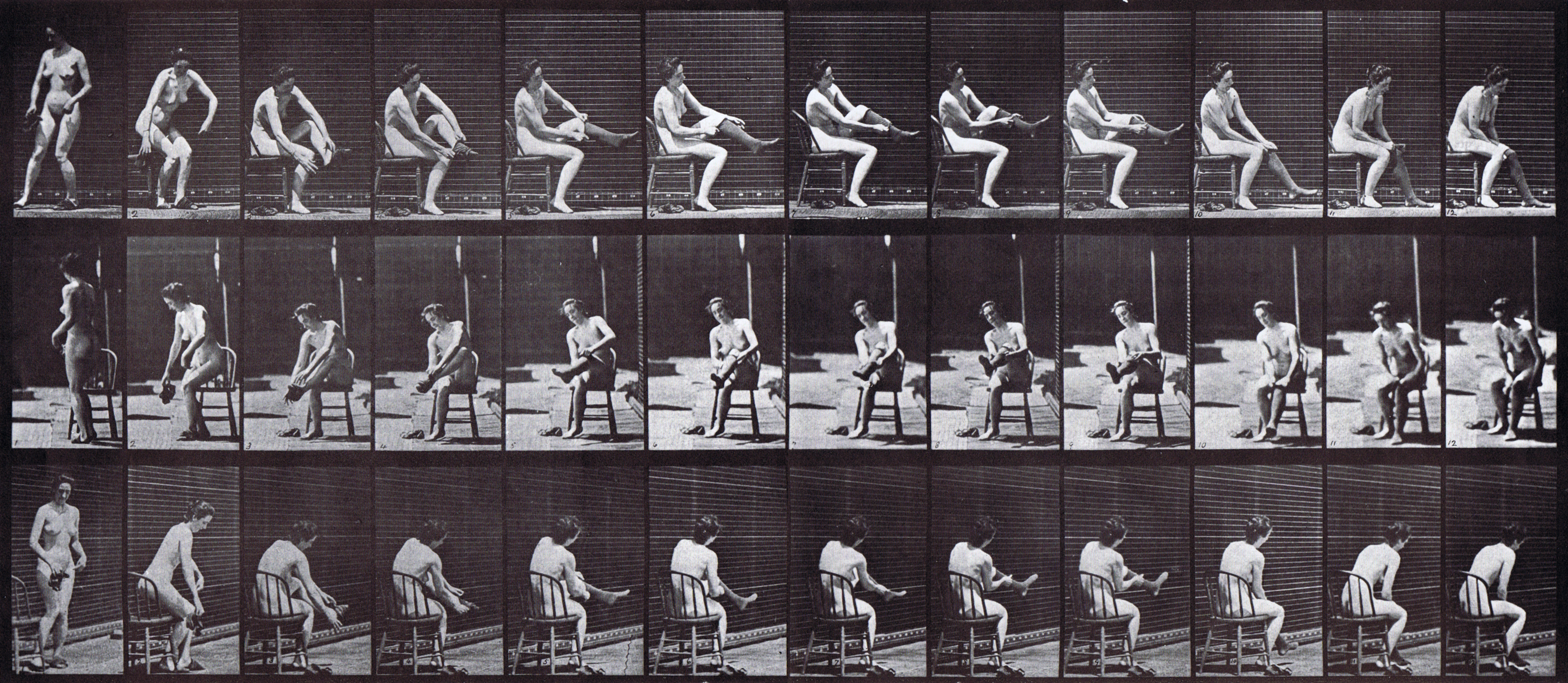 large profile, front, and rear three-quarter views of nude female turning, sitting then putting on stockings animation reference using muybridge plate 418 from animal locomotion large profile, front, and rear three-quarter views of nude female turning, sitting then putting on stockings animation reference using muybridge plate 418 from animal locomotion